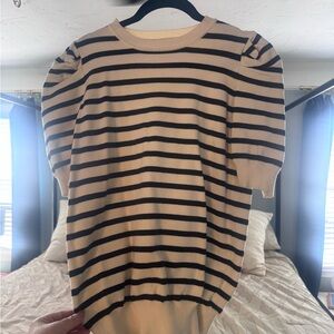 Vine & Love Beige and Black Striped Puff Sleeve Knit Top